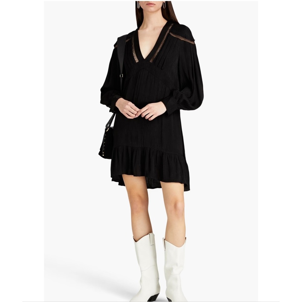 IRO Paris Black Mini‎ Dress Long Sleeve Lace Trim Ruffle Hem Size 38